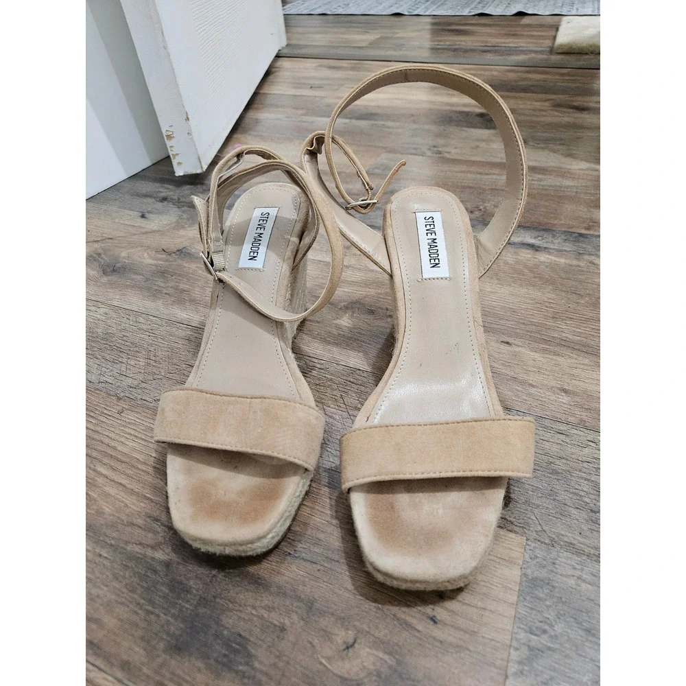 Steve Madden Womens Tan Suede Espadrille Wedge Sandals Ankle Strap Size 8